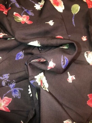 2yd(72")Lx56"W cranberry red floral print on dk brown rayon-like silky fabric - Image 1 of 4