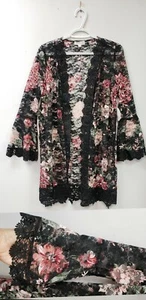 NEW~*BLACK/ROSE~Floral Lace Crochet MID LENGTH Open Duster TOP Topper Kimono~L(M - Picture 1 of 10