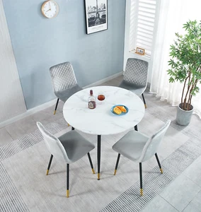 Olivia Swivel Motion Extending Dining Table -Ceramic Marble Top - Velvet Chairs - Picture 1 of 12