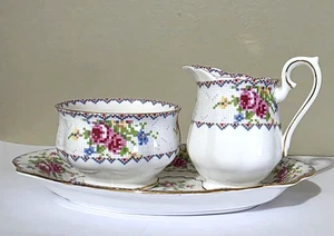 Royal Albert Petit Point Set Creamer Sugar Bowl Tray 3 Piece Bone China England - Picture 1 of 6