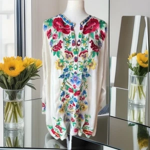 NWT JOHNNY WAS Embroidered GALA TUNIC in Shell, Plus Sz 1X BOHO Long Top Blouse - Picture 1 of 13