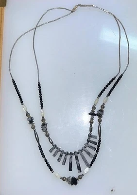 Collar de perlas de ónix negro plata doble trenza años 70 copo de nieve obsidiana Foto 1 de 2