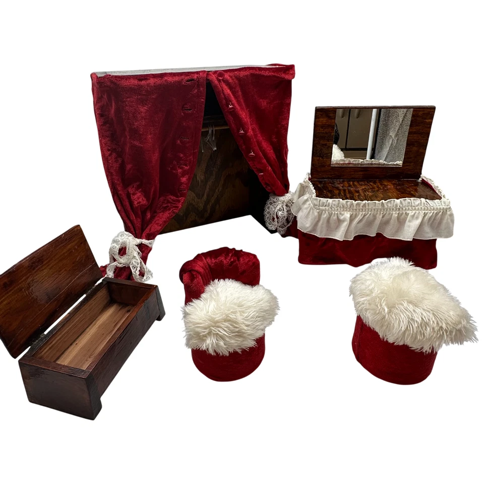 Mini Victorian Bedroom Furniture Set For 12" Dolls Vanity Chest Stools Curtains - Image 1 of 4