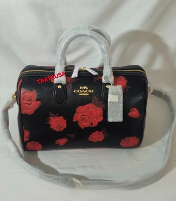 NWT Coach Rowan Large Satchel Bag With Floral Print CCE27 Black Red Packed - Image 1 of 4