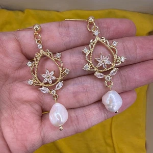 Natural Freshwater Pearl Earrings Bridal 14K Gold Plated Zircon Jewelry Gift - Picture 1 of 13