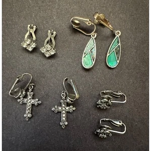 Vintage Clip Earrings Four Pairs Silvertone Cross Flower Dangle - Picture 1 of 6
