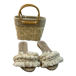 WOMEN Sandals Beige Macrame slippers Cotton knot Trassel Strap withPurse SIZE 8. - Picture 1 of 22