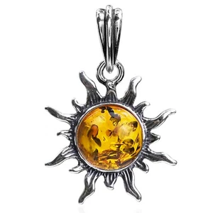 925 Solid Sterling Silver Honey Baltic Amber Sun Round Beautiful Small Pendant - Picture 1 of 4