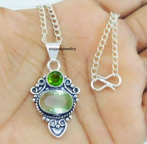 Green Amethyst and Peridot gemstone 925 sterling silver handmade pendant 18 inch - Picture 1 of 4