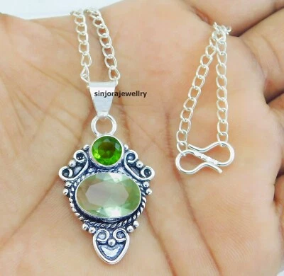 Green Amethyst and Peridot gemstone 925 sterling silver handmade pendant 18 inch - Image 1 of 4