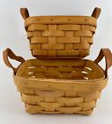 Pair Vintage Small Longaberger Baskets Leather Handles 1994 & 1999 Tea Baskets
