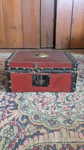 Antique Early Country Primitive Wood Red Leather Document Box 8" Paper Interior - Picture 1 of 9