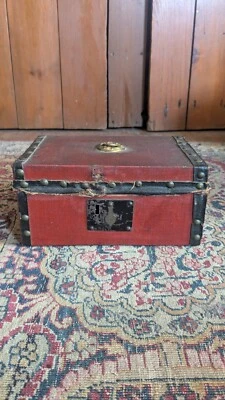 Antique Early Country Primitive Wood Red Leather Document Box 8" Paper Interior - Image 1 of 4