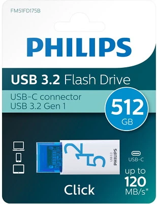 Philips USB Stick 512GB Speicherstick Click Series weiß blau Typ C USB 3.2 Gen 1