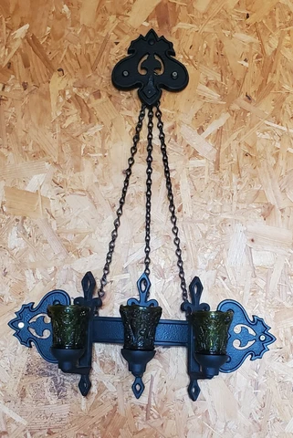 1960s Vintage Mid Evil Gothic Hanging Candelabra with Green Glass Candle Holders Cover