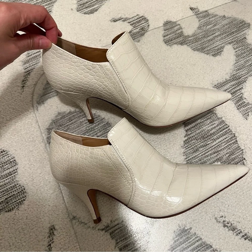 Tory Burch Georgina Croc Embossed White Patent Leather Pointy Toe Ankle Booties - Image 1 of 4