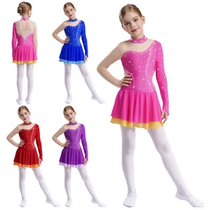 UK Girls Dancewear Keyhole Back Dress Sparkly Dress Gymnastics Rhinestones - Picture 1 of 53