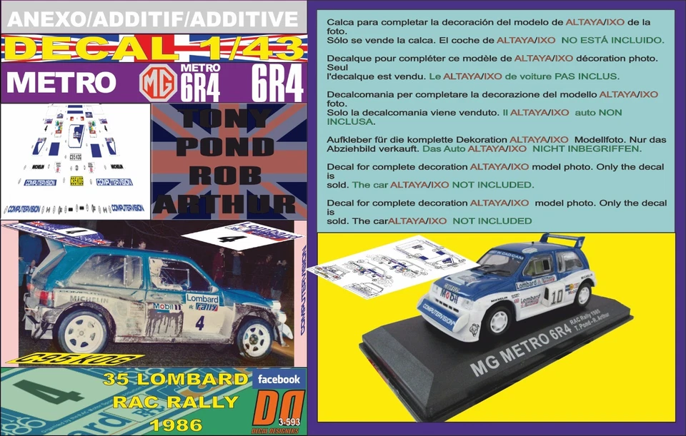 ANEXO DECAL 1/43 MG METRO 6R4 T.POND RAC 1986 6th (08) - Image 1 of 1