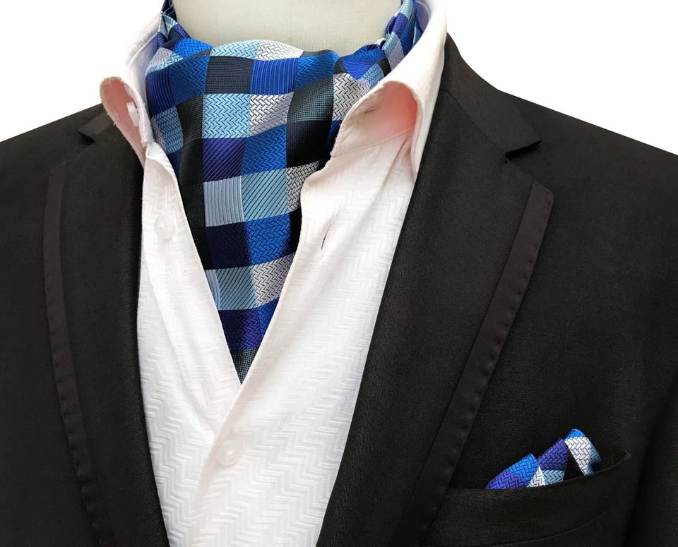Classic Men's Ascot Tie Silk Checks Plaids Blue Silver Scarf Cravat Hanky Set - Image 1 of 1