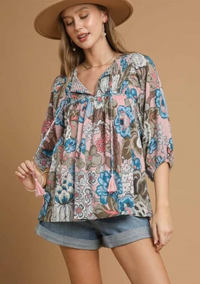 Umgee Women's Boho Floral Print Tassel-Tie Neck 3/4 Sleeve Top in Pink - Image 1 of 4