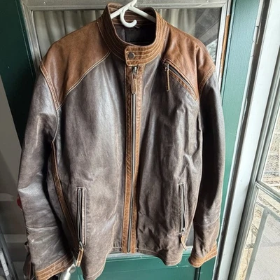 Chaqueta de moto vintage de cuero Giovanni Verucci para cremallera marrón talla grande Foto 1 de 4
