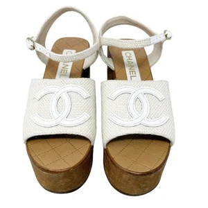 Sandalo Chanel ad incastro logo CC tela avorio tweed plateau 38 US 8 - Foto 1 di 16