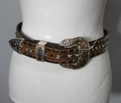 Nuevo Cinturón Nocona Mujer Pequeño Cuero Marrón Estrás Tachonado Hebilla Plateada Foto 1 de 4