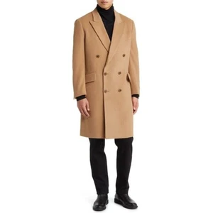 NORDSTROM Men's Double Breasted Overcoat Large Tan Camel Wool Cashmere NWT - Picture 1 of 10