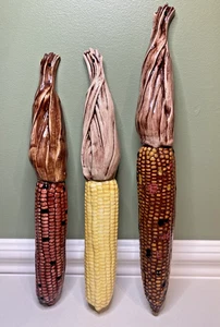 Vintage 3 Piece Fall Harvest Decorative Ceramic Indian Corn "Full Size" Hangable - Picture 1 of 6