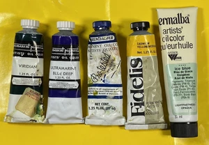 5 Tubes Oil Color Artist Paint Grumbacher Permanent Permalba Fidelis Blue Yellow - Picture 1 of 8