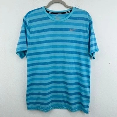 Nike Dri-FIT Running T-Shirt Men's Large Blue Striped Athletic Top Zipper Pocket - Image 1 of 4