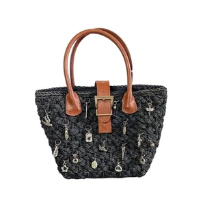 Vintage Black Woven Crossbody Bag Upcycled Jewelry Charms Double Handle Snap - Picture 1 of 9