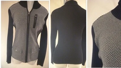 Suéter Cárdigan Lauren Mujer M Espiga Negro Blanco Cremallera Acanalado Bloque de Color Foto 1 de 4