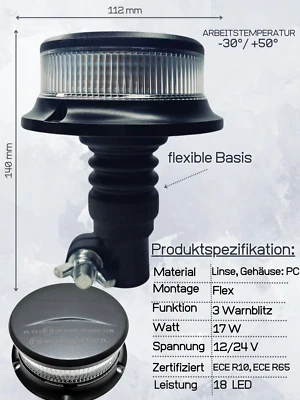 Orange weiß 18 LED Rundumleuchte 3 Blitzmuster 12V 24V ECE R65 R10 Warnleuchte