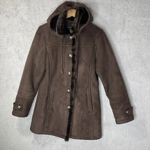 Jones New York Womens Suede Coat S Small Brown Faux Fur Lining Removable Hoodie - Picture 1 of 16