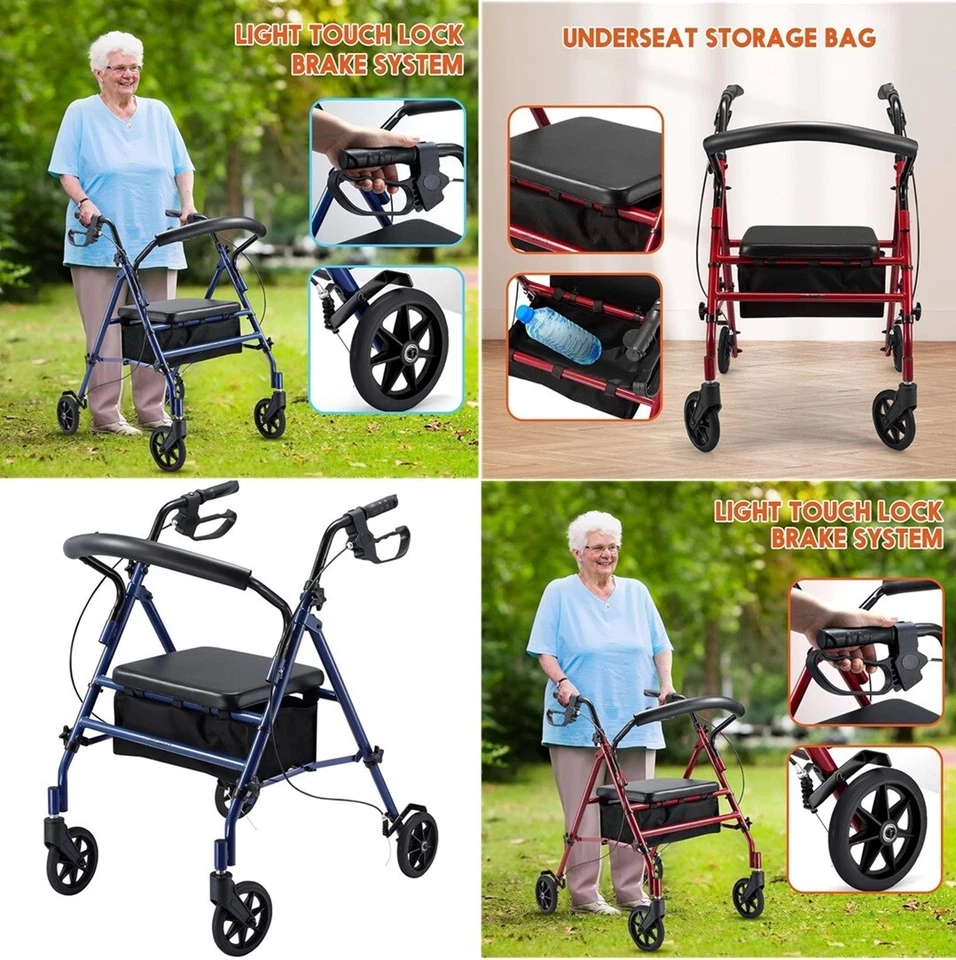 JUPIERJX Lightweight Foldable Aluminium Rollator Walking Frame Wheeled Walker Padded Seat