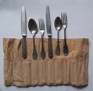 antico set 6 piccole posate viaggio picnic argento 800 x2 persone custodia panno - Foto 1 di 6