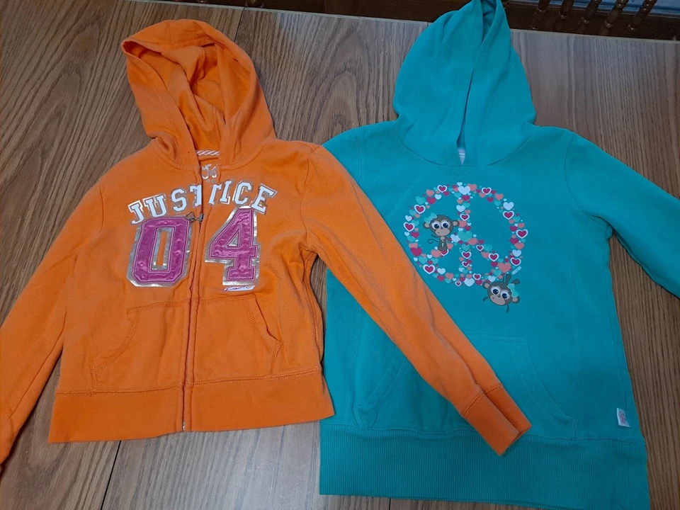 Lote de 2 Sudadera Justice Sudadera con Capucha Talla 6 Estampado Mono Atlético Verde Azulado Naranja Foto 1 de 4