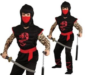 Boys Ninja Halloween Kids Muscle Chest Warrior Tattooed Fancy Dress Costume