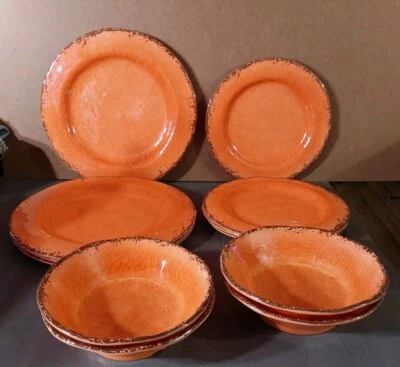 Lehaha Orange Crackle Melamine Dinnerware 12pc Service for 4 Bowl Dinner Salad - Image 1 of 4