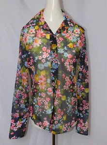 Vtg Lady Arrow Black Pink Blue Sheer Floral Button Down Long Sleeve Top Blouse - Picture 1 of 7