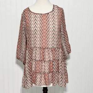 AB Studio Sheer Striped Tiered Blouse Top Long Sleeves Black Red Size Large - Picture 1 of 11