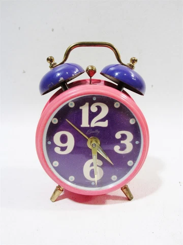 Midcentury Bradley Colorful Pink & Purple W German Alarm Clock Key Wound Cover