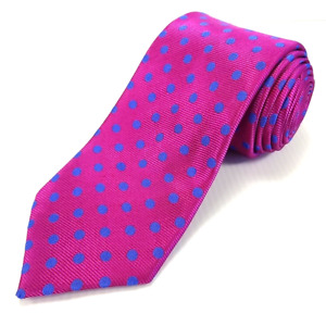 Marks and Spencer M&S Luxury Tie Pink w/ Blue Polka Dots Woven Silk Necktie