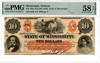 1863 $10 Obsolete Note State of Mississippi MSCR8b 58 EPQ PMG 2000048-003 - Image 1 of 2