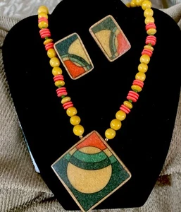 Karla Jordan 18” Statement Necklace Earrings Set Sand Art Stone Vintage - Picture 1 of 8