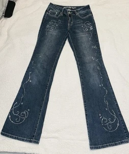 Americana Blue mid Rise Rhinestones Americana Zipper Fly Wash Size 7 Stretchy - Picture 1 of 7