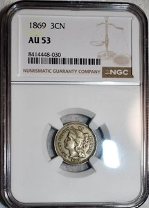 NGC AU-53 1869 Nickel Three Cent Piece, Richly Hued, Lustrous specimen. - Picture 1 of 2