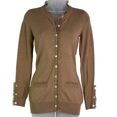 Y2k Preppy Coquette Ruffle Trim Cardigan sweater sz S Rory Gilmore Blair Waldorf - Image 1 of 4