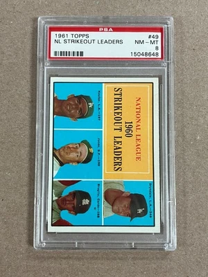 Topps N.L. 1961 Strikeout Leaders Drysdale, Koufax #49 clasificación PSA 8 casi nuevo-como nuevo Foto 1 de 2